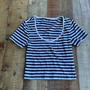 Nollie Womens XS Striped Crop Top Short Sleeve Blue and White